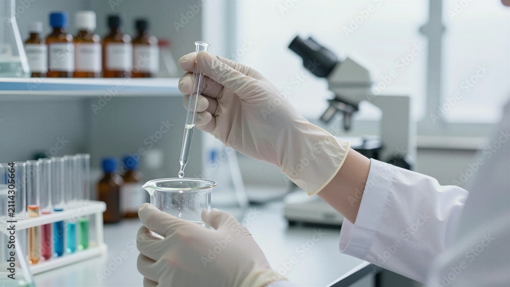 Fototapeta premium Close-up of a gloved scientist carefully dropping liquid from a pipette into a beaker in a modern lab setting with equipment visible.