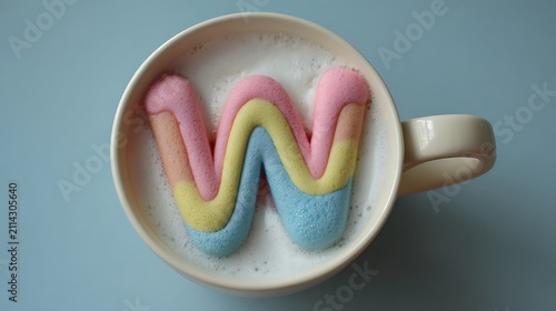 Pastel marshmallow letter w shape floating in a cup of hot coffee with milk foam