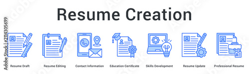 Resume creation banner web icon drafts and edits contact information with education and skills for professional resume.