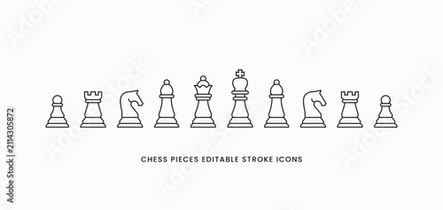 Chess pieces minimal linear icons set. Collections of chess pieces in simple line style. Editable stroke vector illustration