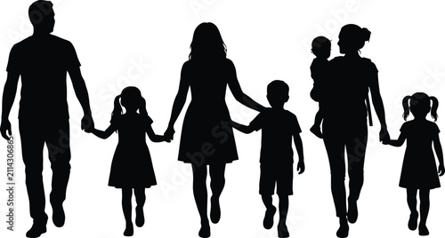 Family holding hands walking together silhouette