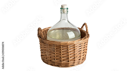Bild auf Leinwand Large vintage glass carboy bottle inside white wicker basket isolated on transpa