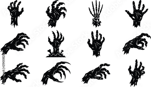 Set of scary zombie hands and monster claws for halloween graphic design projects and spooky party decorations