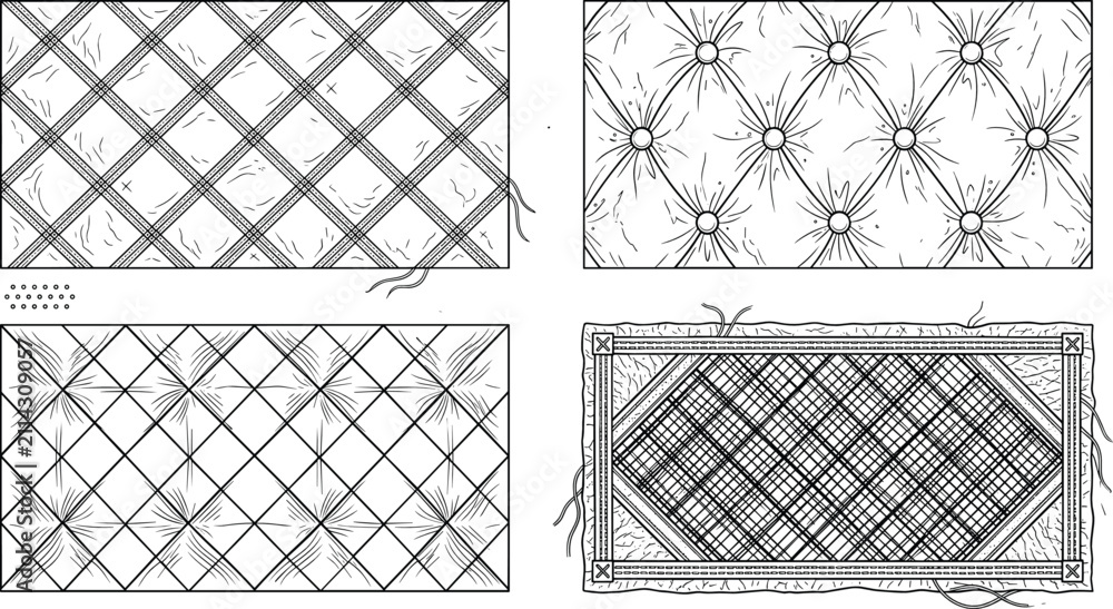 Obraz premium Vintage Tufted and Quilted Texture Vector Set Featuring Chesterfield Pattern, Plaid Mattress Textures, and Hand Drawn Fabric Stitching Lines for Furniture Upholstery Background Designs