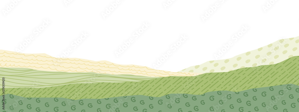 Obraz premium Field collage with abstract green patterns and farm textures of agricultural landscape. Tea plantations on hills and rural vineyard with organic ecology elements in modern vector design.
