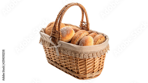 Фотография Wicker basket containing a freshly baked artisan bread isolated on transparent b