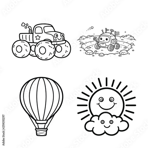 Set of black silhouette icons featuring two stylized fire flames and two different blooming flower designs