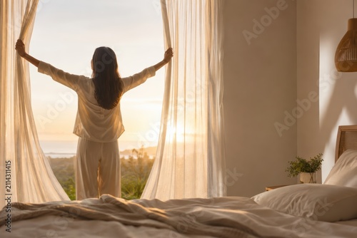 Woman Opening Sheer Curtains at Sunrise in Modern Bedroom