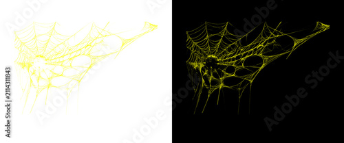 Glowing yellow spider web set, intricate golden cobweb design on black and white backgrounds, spooky halloween decorative net elements