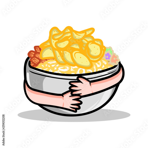 Cartoon bowl of noodles with arms hugging it. Comfort food illustration with potato chips.