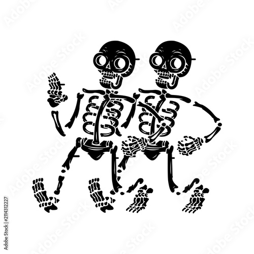 Two walking skeletons illustration. Funny cartoon skulls design for Halloween.