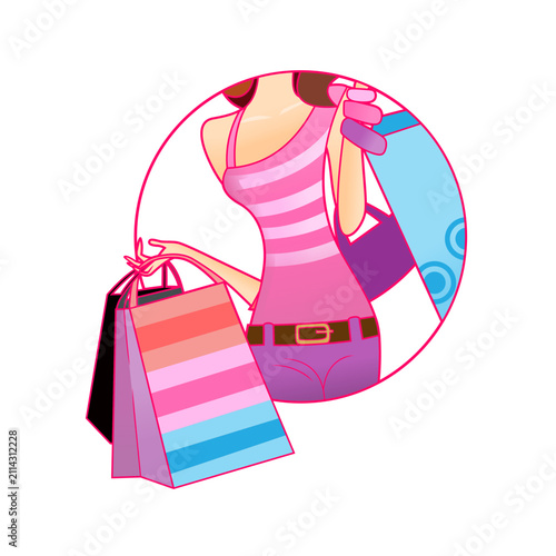 Stylish woman shopping with bags. Fashionable girl holding colorful paper shopping bags.