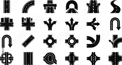 Cuadro en lienzo Set of black road and highway intersection icons showing various traffic directi