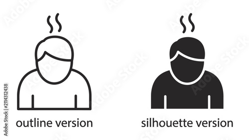 Bild auf Leinwand Heat Exhaustion Icon: Two stylized human icons, one outlined and one silhouetted, depict a person suffering from heat and fatigue, with steam rising from their head