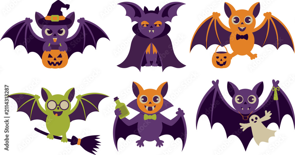 Naklejka premium Set of six cute Halloween bat characters featuring witch hat with pumpkin, cape, broom, potion bottle, and ghost companion illustration designs.