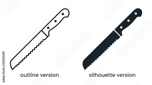 Foto Bread Knife Icon Set: A pair of bread knives, one in outline and the other in silhouette, showcase the essential kitchen tool for slicing bread with its distinctive serrated edge