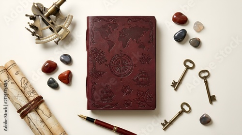 Vintage Embossed Leather Explorer Journal with Compass World Map, Sextant, Parchment Scroll and Keys on White