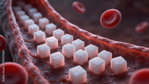 Sugar cubes float inside a blood vessel alongside red blood cells, illustrating high glucose levels. Shallow depth of field emphasizes the sugar's texture and vascular environment.