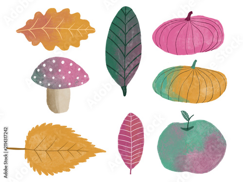 Autumn leaves pumpkins mushroom apple illustration set Fall harvest elements watercolor style colorful collection Autumn nature collection leaves pumpkin apple mushroom