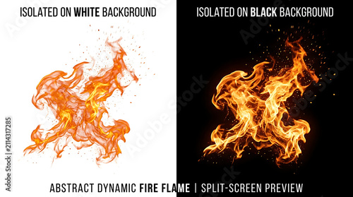 Abstract fire flame pillar split screen comparison on white and black background set