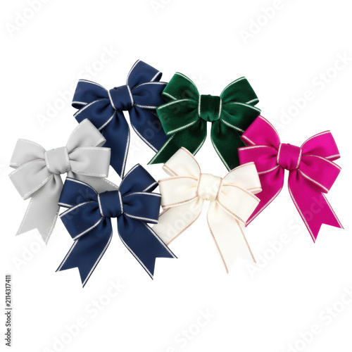 Six textured gift bows in silver, blue, green velvet, ivory satin, and magenta with swallowtail ends on a white background elegant festive celebration atmosphere