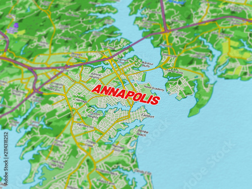 Fotografía Macro View of Annapolis Maryland Map Showing Detailed Streets, Roads, and Geogra