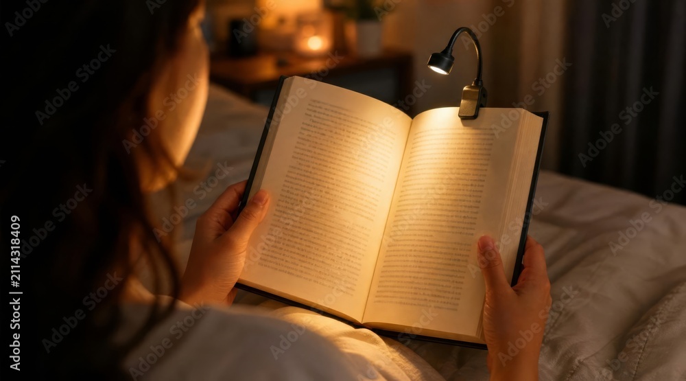 © Rosalia - Person reading book with clip-on lamp