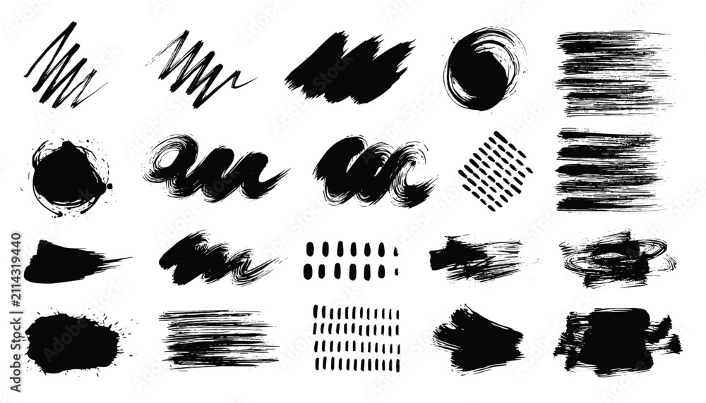 Fototapeta premium Collection of twenty unique black paint brush strokes, ink scribbles, and artistic textures on a white background.
