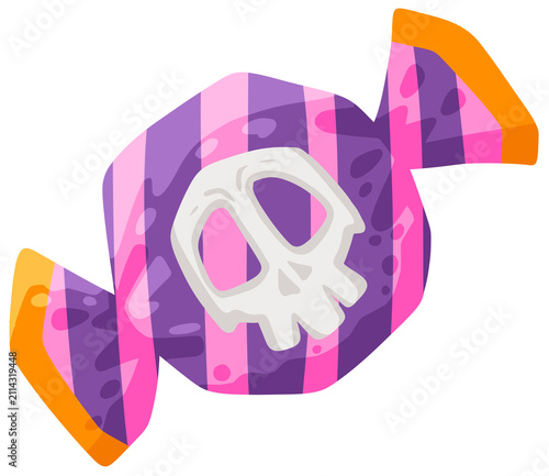 Halloween wrapped candy with purple pink stripes and white skull illustration