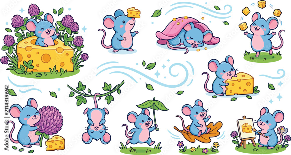 Obraz premium Cute Cartoon Blue Mouse Sticker Set with Delicious Cheese Blocks Purple Clover Flowers Leaf Umbrella and Canvas Painting for Childish Scrapbook Designs