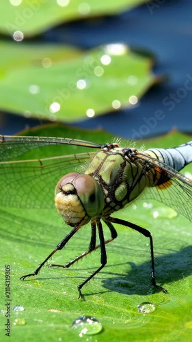 Close-up Macro Photography of a Detailed Dragonfly Resting on a Green Water Lily Pad with Fresh Dew Drops