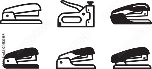 Six different types of black and white office staplers icon set Vector