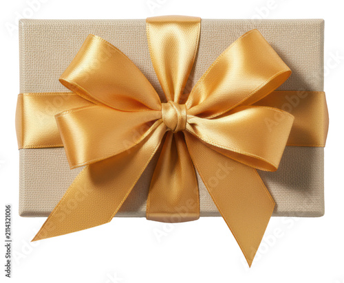 A small, elegant rectangular matte beige gift box, meticulously wrapped with a shimmering golden satin ribbon and voluminous bow, isolated on a transparent background, conveying luxury and