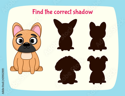 Find the correct shadow game for kids with cute dog. Educational worksheet with cartoon puppy. Matching activity, preschool learning puzzle vector illustration.