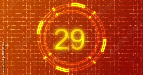 4K Futuristic HUD Countdown Timer Animation with Neon Circular on Digital Grid Background. Cyberpunk User Interface, Sci-Fi Technology Display for Gaming, Broadcast, and Technology Presentations.