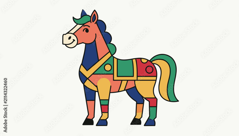 Obraz premium Folk art inspired toy horse illustration beautifully decorated with colorful geometric patterns on a clean white background.