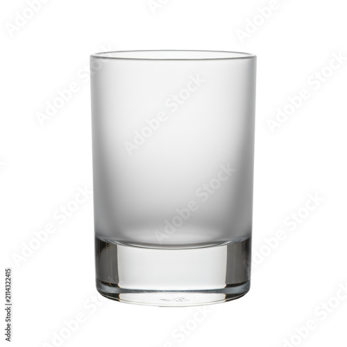 An empty cylindrical frosted drinking glass with a velvety translucent body and a heavy clear base, isolated on a transparent background with bright lighting, elegant commercial concept