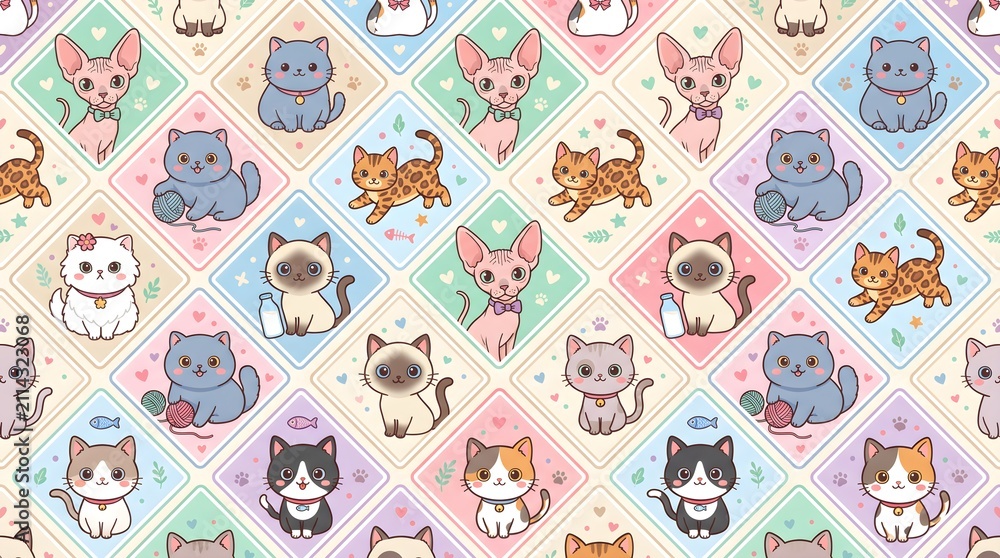 Fototapeta premium Cute cat breed seamless pattern vector background with Siamese, Persian, Maine Coon, Bengal, and Scottish Fold kitten illustrations.