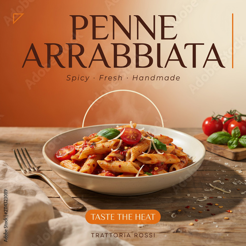 Classic italian pasta penne alla arrabiata with fresh basil on a light background