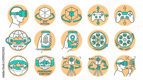 Virtual reality panoramic content and 360 degree video icons.