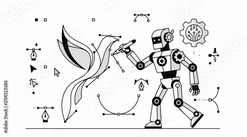 Robot artist digitally creating a stylized bird with vector tools