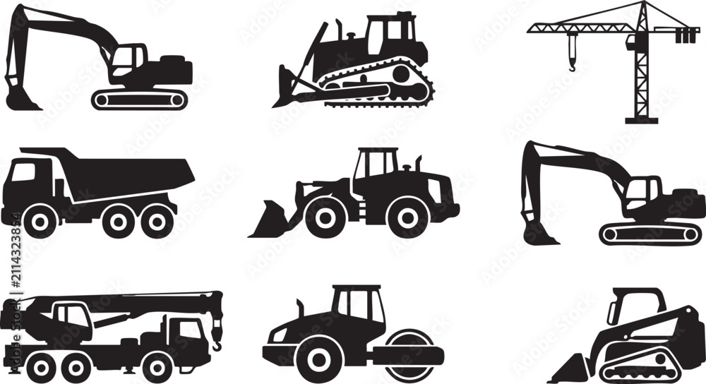 Obraz premium Construction Vehicle Vector Graphics Collection, bulldozer, loader, forklift, equipment, building