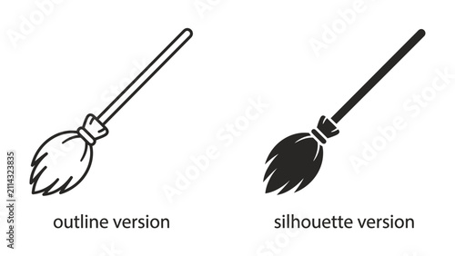 Photography Broom Outline and Silhouette: Two stylized illustrations of a broom, one as a clean outline and the other as a solid silhouette, representing versatility and simplicity