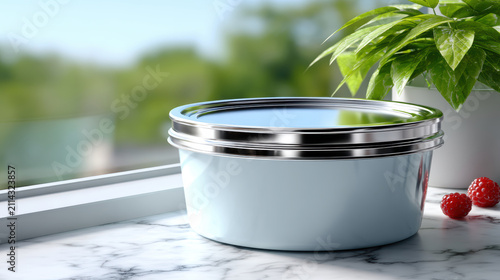 Stainless insulated food container with polished lid on marble windowsill mockup for lunchbox branding and thermal food storage presentation with fresh raspberries and plant prop