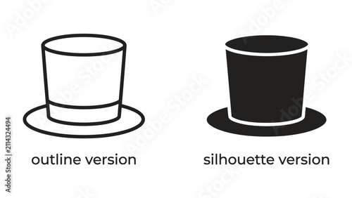 Foto Top Hat Icon: A classic top hat presented in both outline and silhouette versions, symbolizing formality, elegance, and tradition