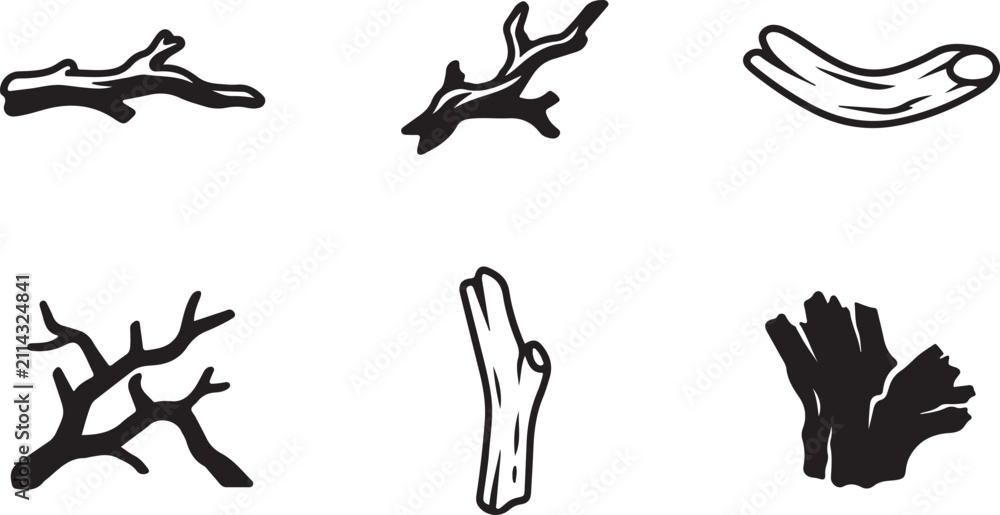 Obraz premium Black and white stylized tree branch and root illustrations Vector