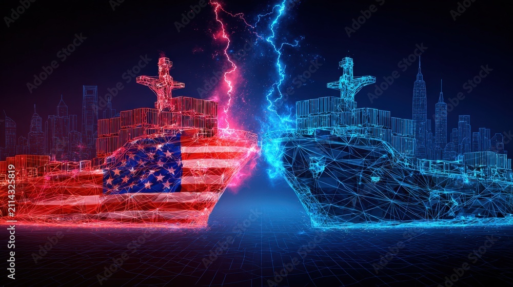 Obraz premium Digital concept illustration depicting a dramatic confrontation between two stylized, wireframe warships. ..Created with Generative AI, not depicting real subjects.