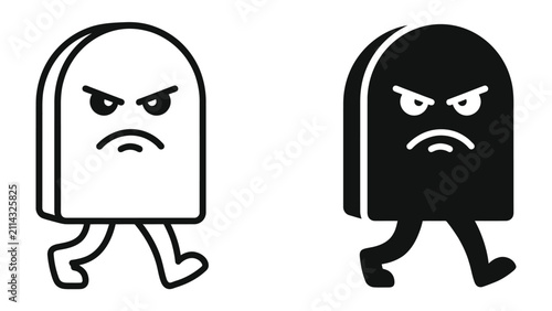 Fotografie Angry Character with Legs: Two identical cartoon characters, one in black and white outline and the other in solid black, with angry faces and walking legs, conveying frustration and displeasure