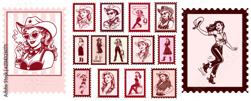 фотографія Vintage Western Postage Stamp Set with Pin-up Cowgirls and Cowboys