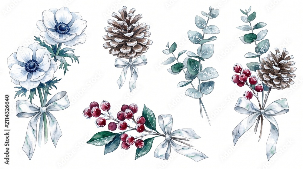 Obraz premium Winter watercolor floral collection, elegant hand-painted botanical elements, anemone flowers, pine cones, eucalyptus leaves, and red berries, perfect for holiday greeting cards and wedding
